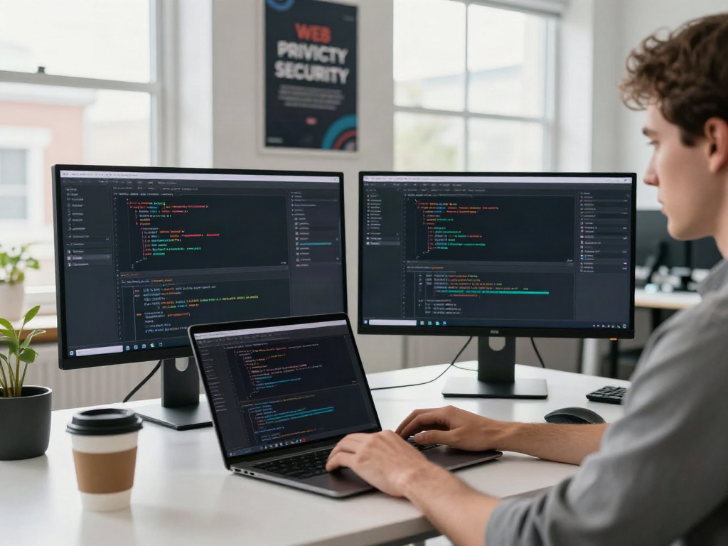 Developer optimizing performance metrics on brave浏览器 in a bright, modern workspace.
