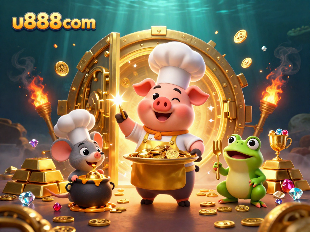 Experience thrilling gameplay at u888com with vibrant casino illustrations, gold coins, and game elements.