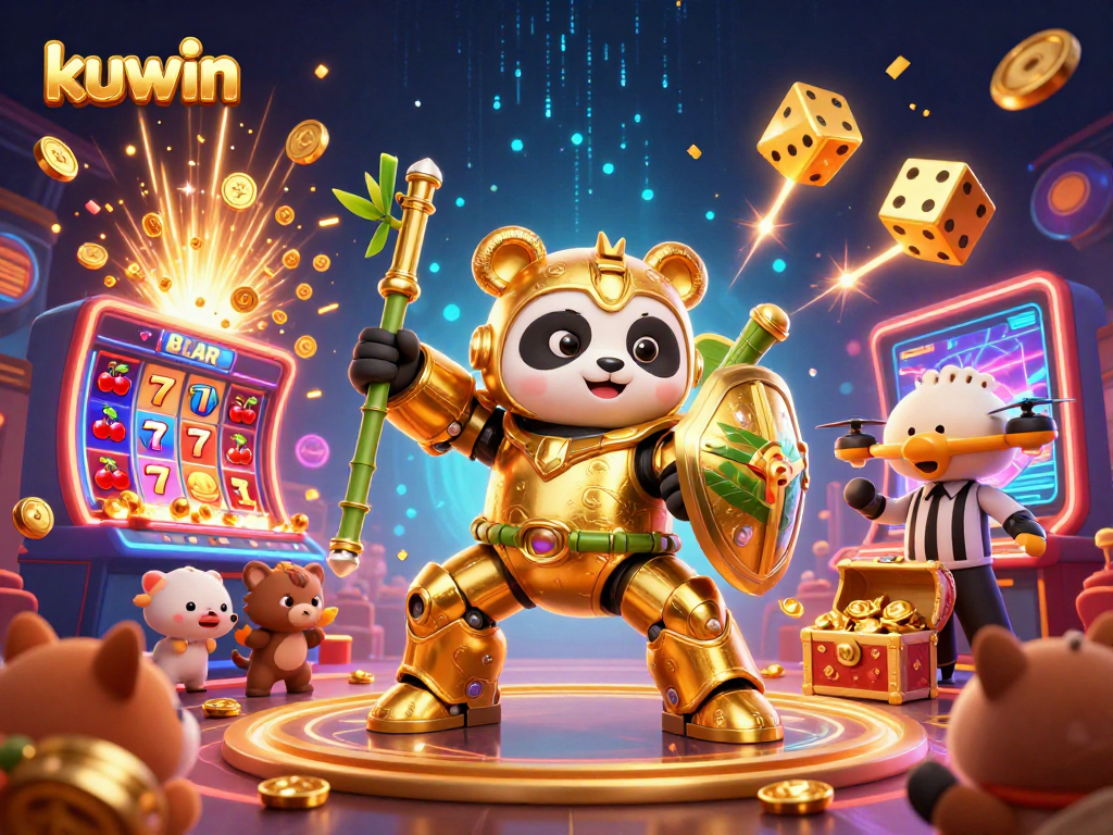 kuwin showcases a vibrant 3D casino scene with a golden panda battling amidst slot machine explosions and dynamic games