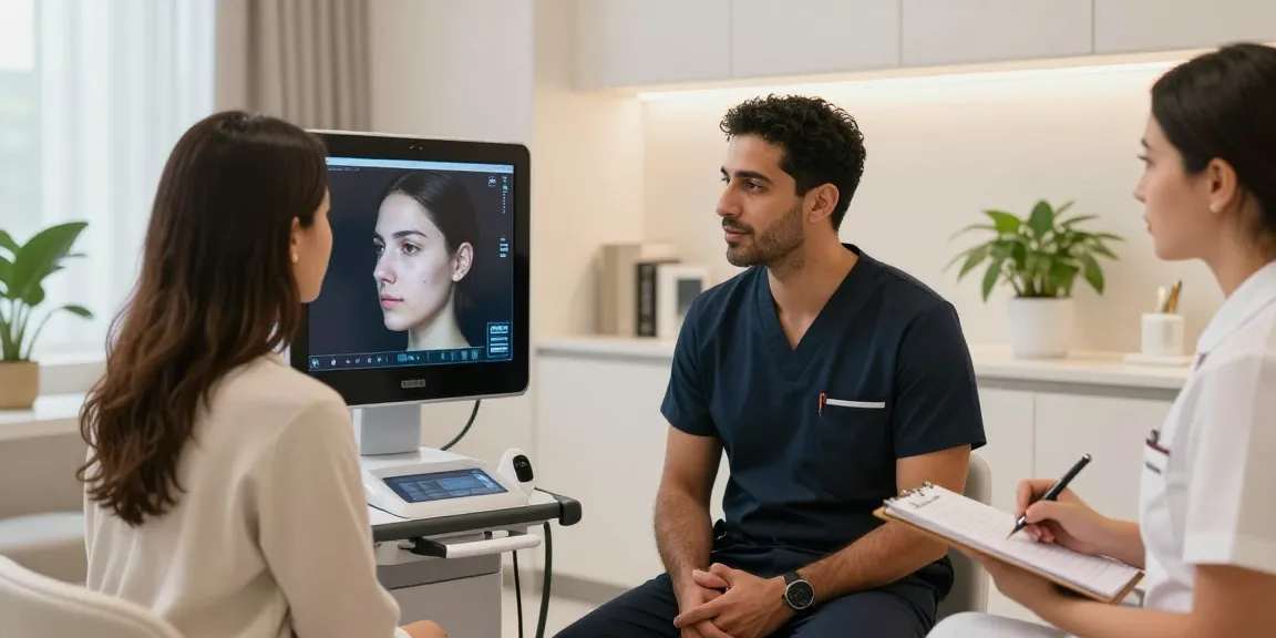 Dr Chacra consulting with a patient using advanced 3D imaging technology in a modern rhinoplasty clinic.