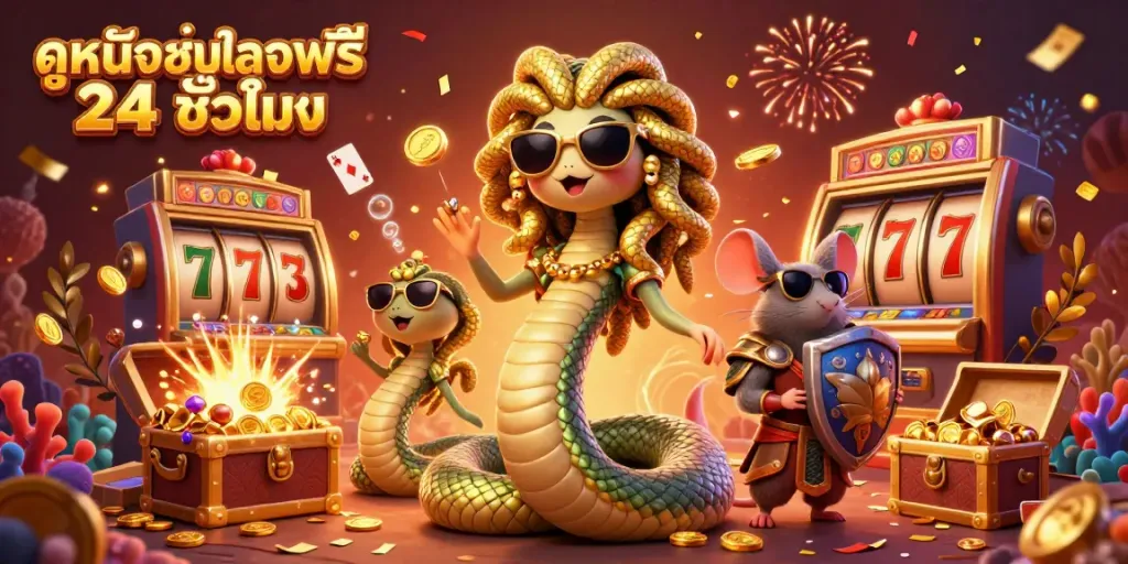 Engage with ดูหนังออนไลน์ฟรี 24 ชั่วโมง through this vibrant casino scene of cute Greek Medusa and a warrior mouse amidst slot machines.