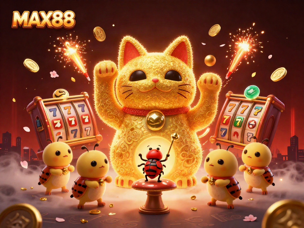 MAX88 showcases luck and fortune with a lucky cat illustration in a vibrant casino scene.