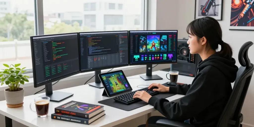 Developer in a modern workspace creating bos88 gaming software with multiple screens and vibrant decor.