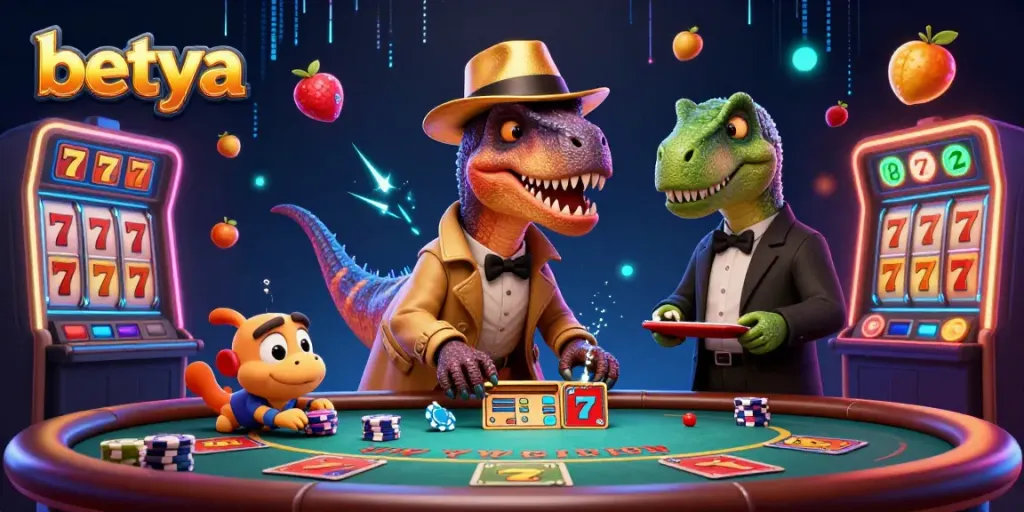 Betya casino illustration with a velociraptor card counter and jackpot elements spinning dynamically.