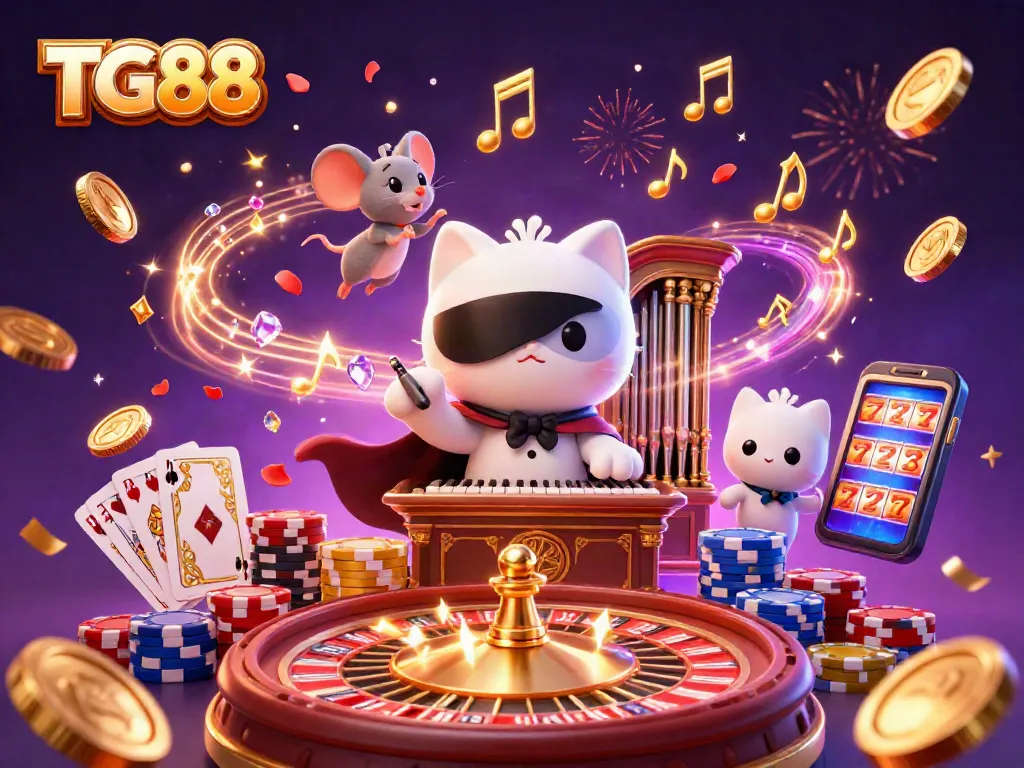 Experience the thrills of TG88 with a vibrant casino scene featuring dynamic gaming elements and celebrations.