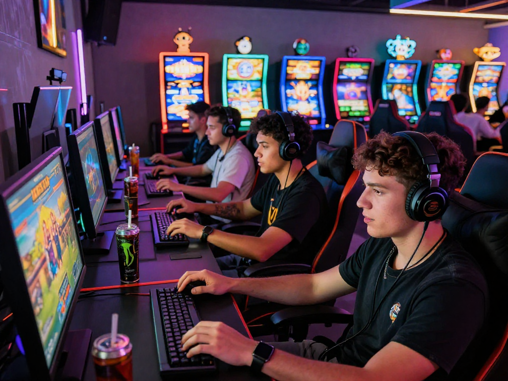 Engaged players enjoying slot qris games in a modern gaming lounge, vibrant atmosphere.