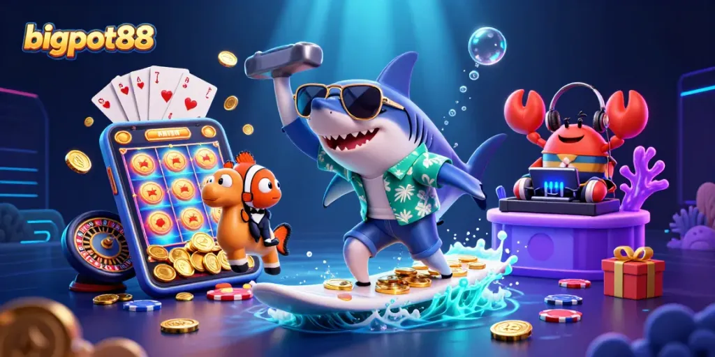 Bigpot88 menampilkan ilustrasi kasino 3D penuh warna dengan karakter unik dan elemen permainan yang menarik.