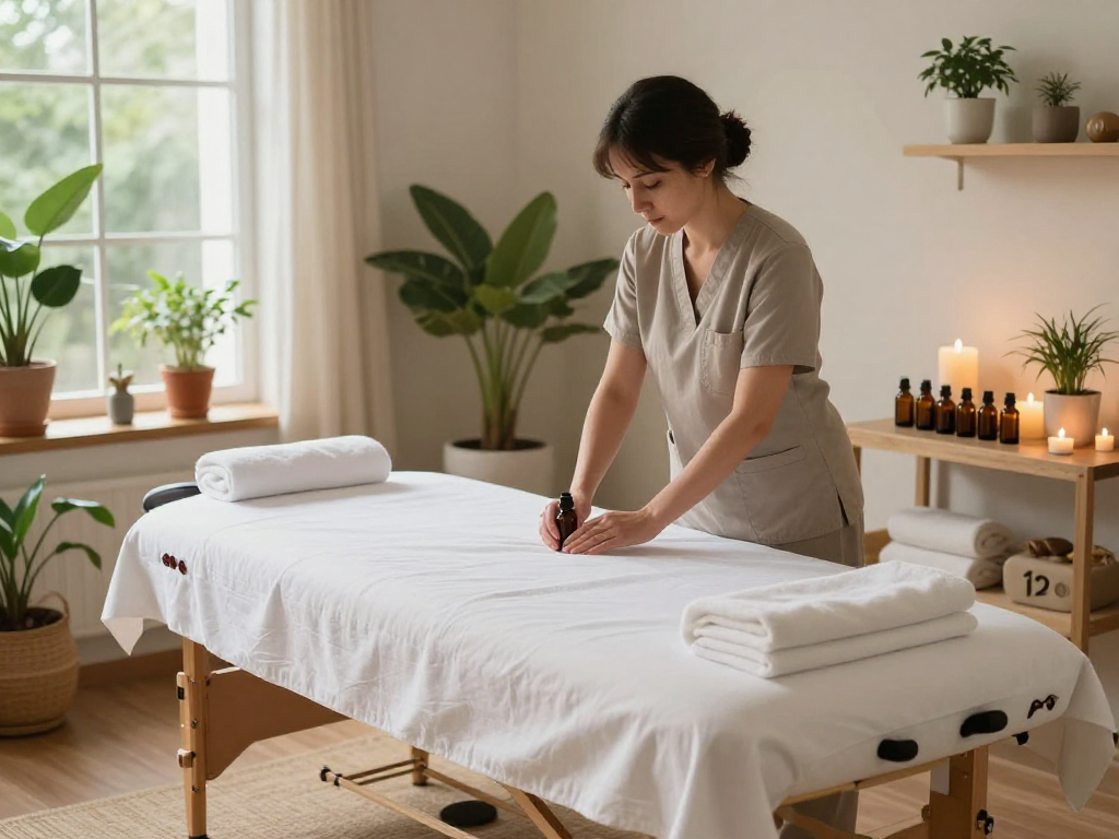 Relaxing 영등포출장마사지 therapy setting with essential oils and a tranquil atmosphere.