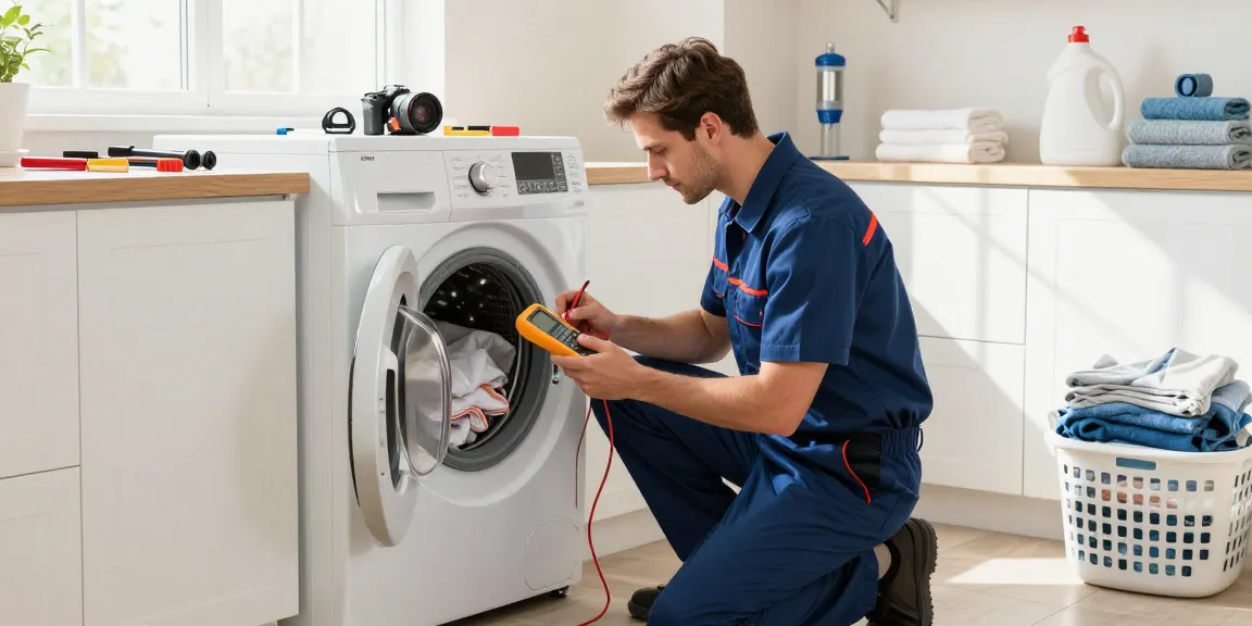 Technician providing dryer repair service in bright laundry room with tools and clean clothes.