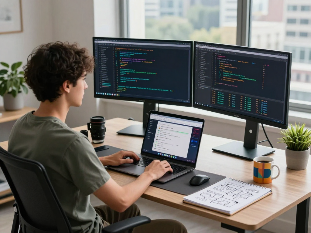 Developer utilizing Tornado Cash technology in a modern blockchain workspace with dual monitors and smart contract insights.