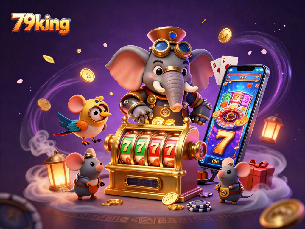 Engage with 79king's interactive gaming scene featuring a steampunk elephant and dynamic casino elements.