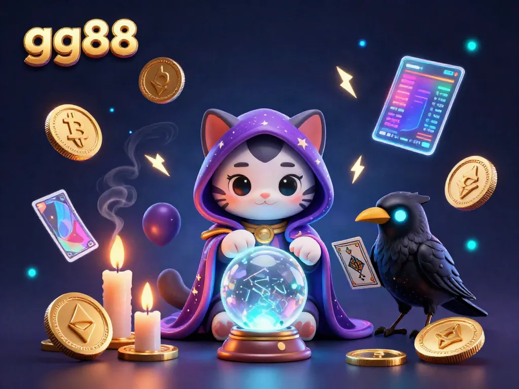 Experience the dynamic gaming world of gg88 with a mystical scene featuring characters and vibrant cryptocurrency elements.