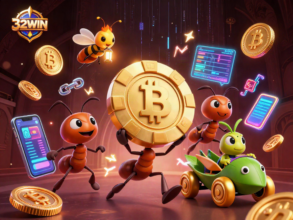 Engage in thrilling heists with 32WIN as cartoon ants transport a giant golden poker chip.