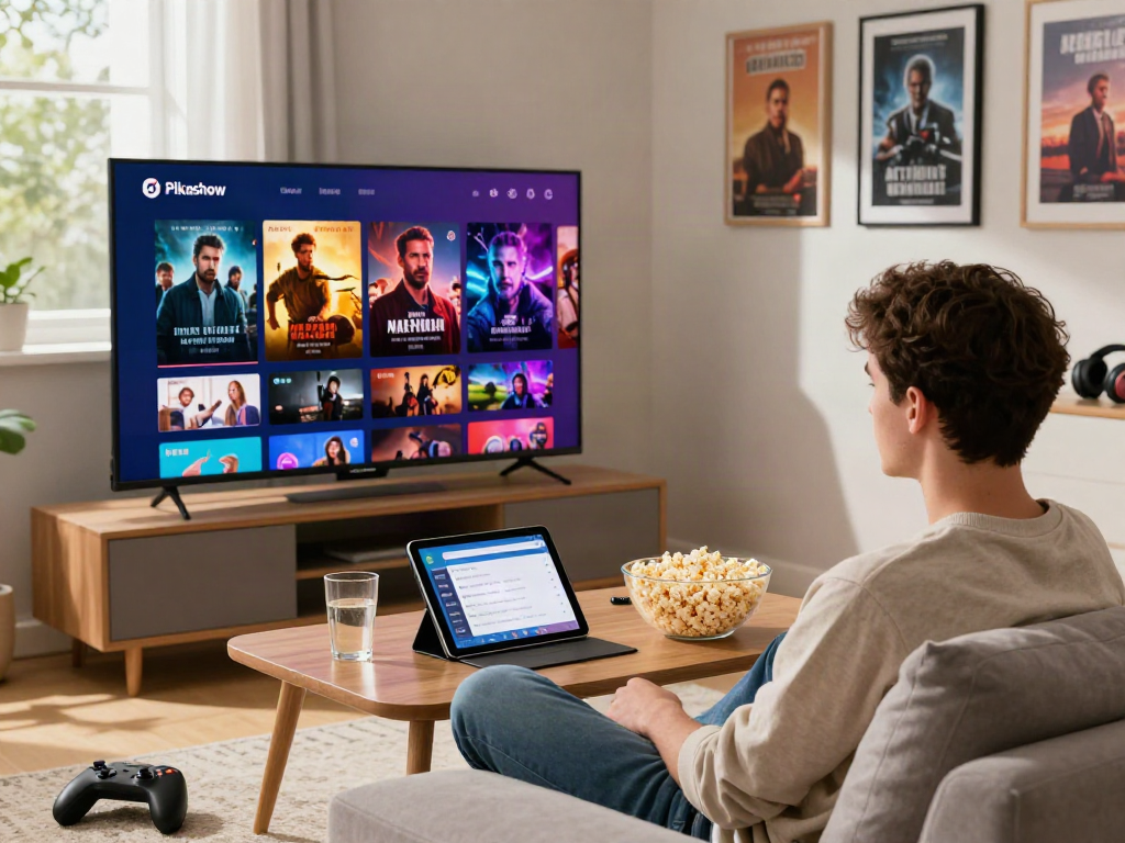 Pikashow APK streaming experience on a smart TV in a cozy living room with vibrant movie displays, popcorn, and engaging layouts.