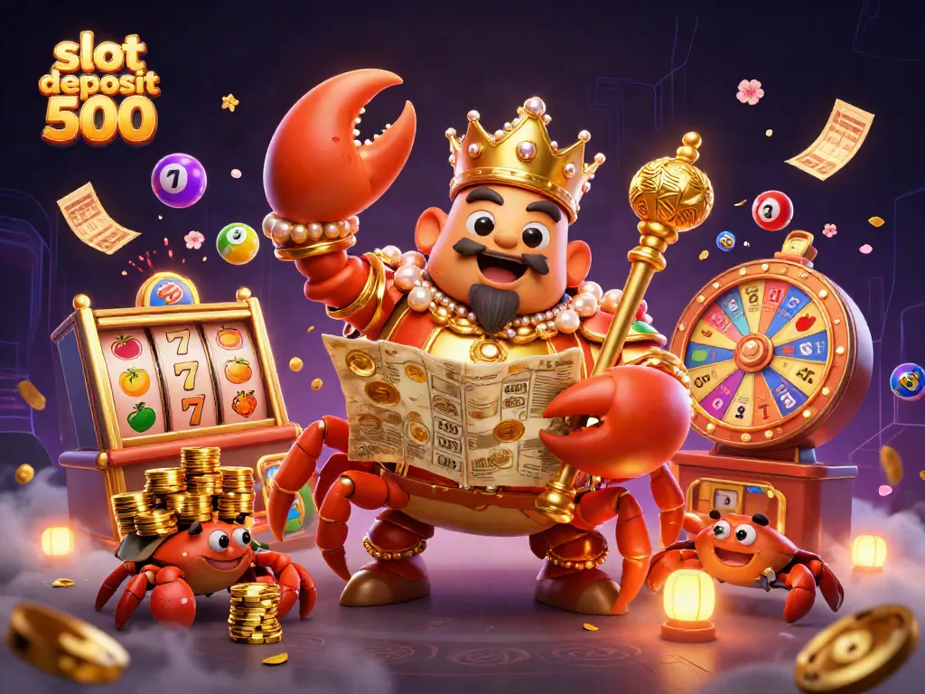 Experience the thrill of slot deposit 500 with a vibrant illustration featuring a golden crab emperor and dynamic casino elements.