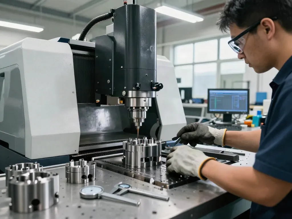 CNC machining parts manufacturer workshop with skilled machinist at work.