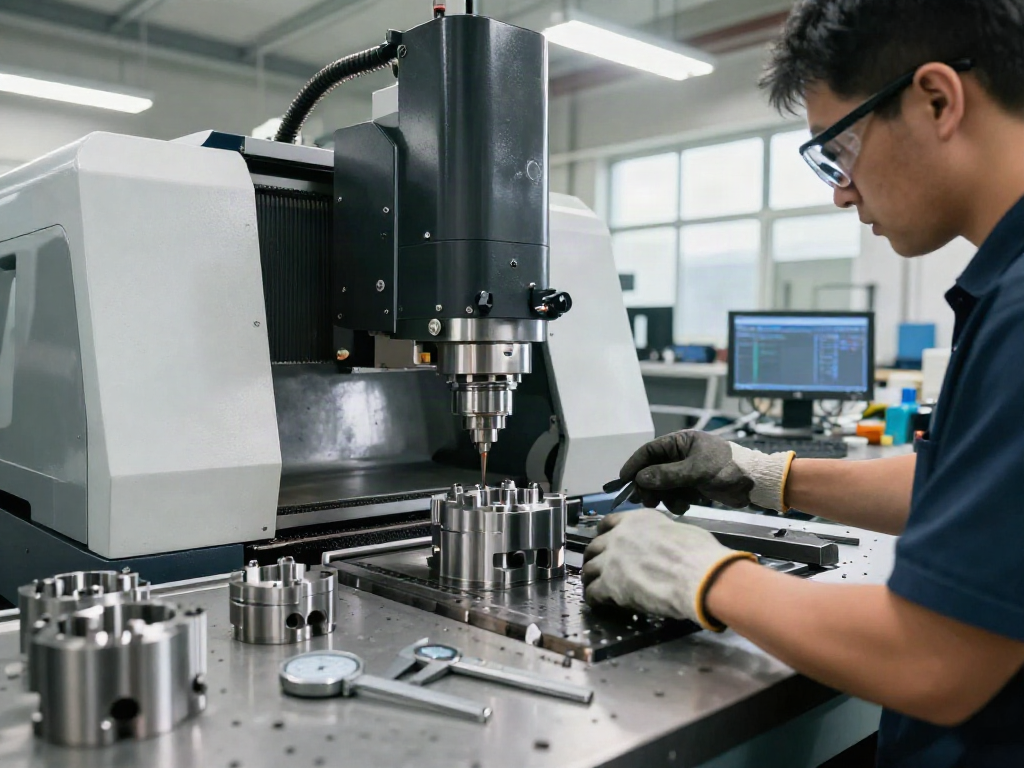CNC machining parts manufacturer workshop with skilled machinist at work.