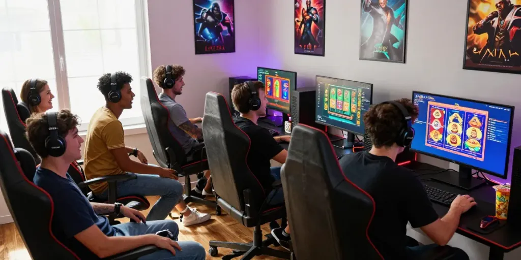 Players enjoying bigdewa online gaming in a vibrant home environment with colorful slot games.