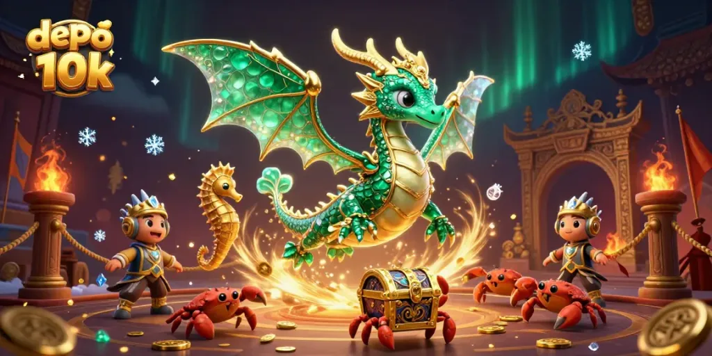 Participate in exciting games at depo 10k with a dragon and treasure chest illustration.
