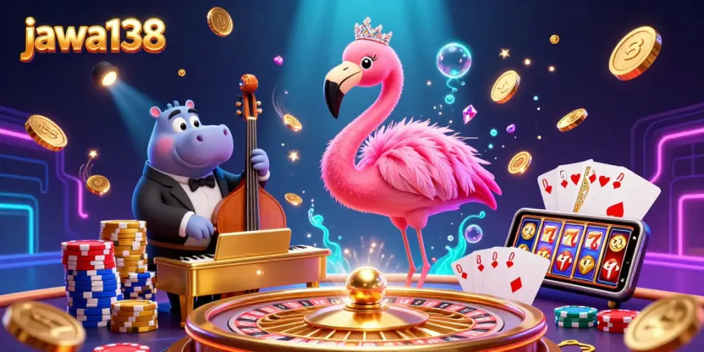 Experience vibrant winning moments with jawa138 as a flamingo singer and hippo bassist perform beneath dazzling lights.