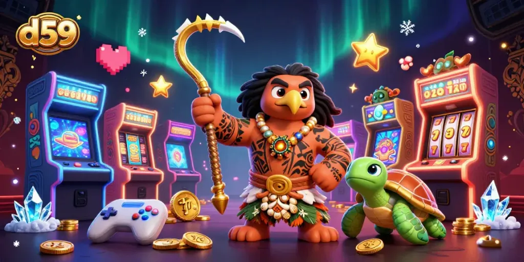 Experience the thrill of d59 gaming adventures with vibrant 3D characters amidst slot machines.
