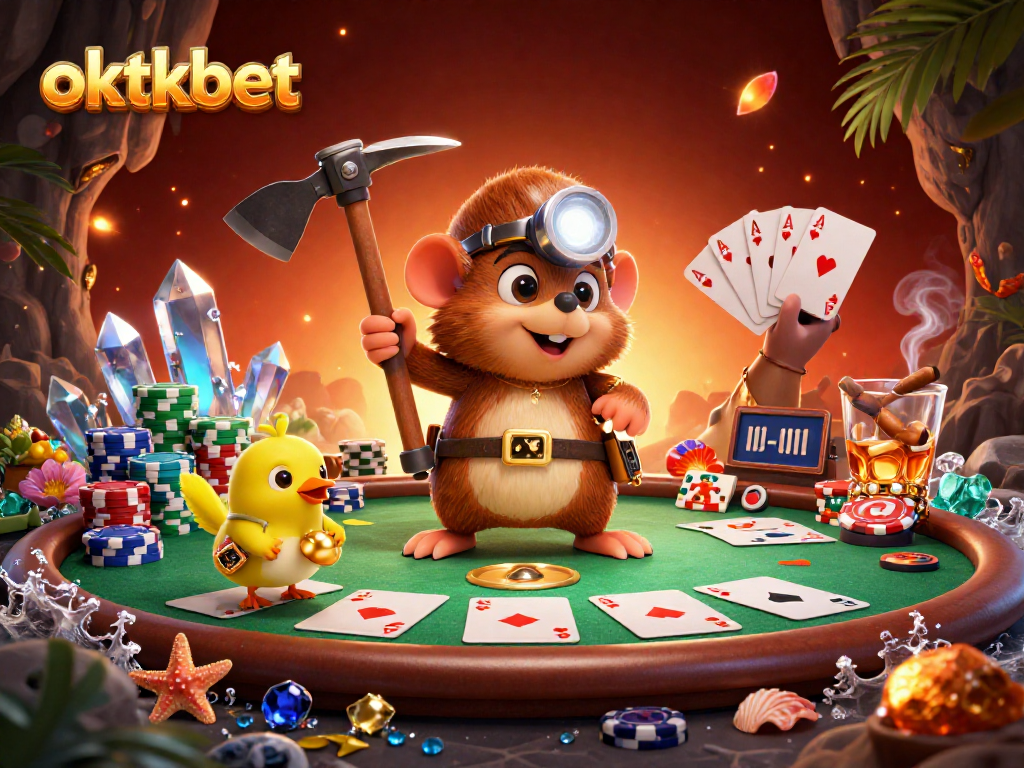 Experience excitement with oktkbet—3D treasure hunter mole surrounded by poker chips and cards in a vibrant casino.