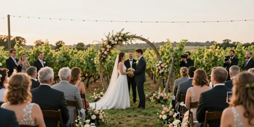 Pokolbin wedding photographer capturing a couple's intimate vows in a vineyard setting during golden hour