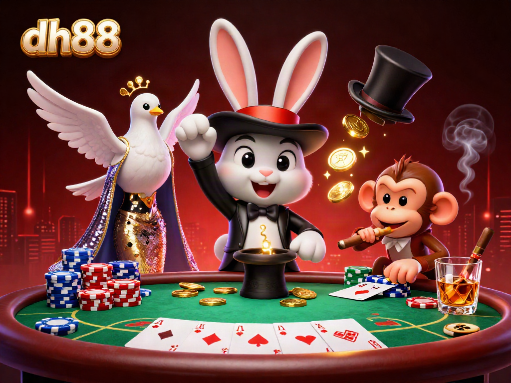 Engage with dh88 through a vibrant casino scene filled with characters and poker elements.
