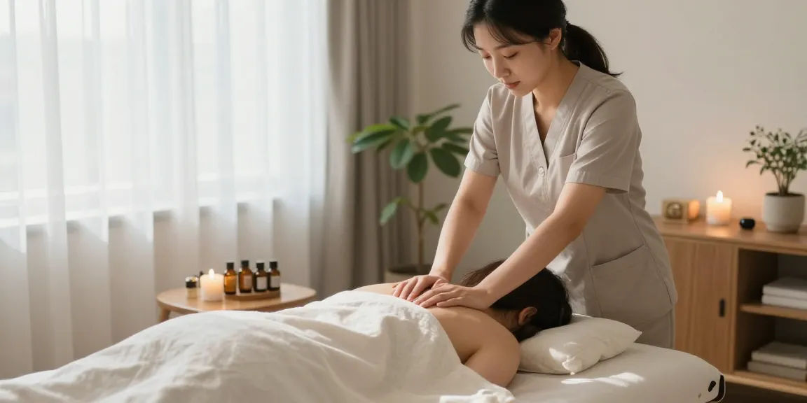 Experiencing 성북구출장마사지 in a calming wellness setting with essential oils and natural light.