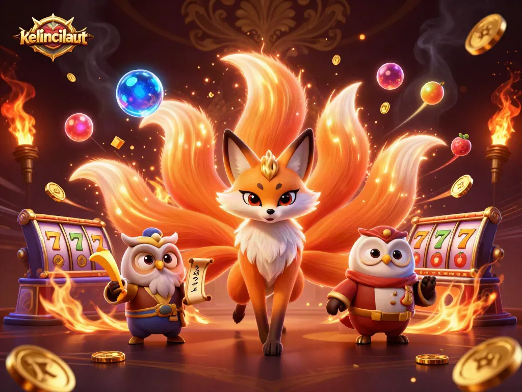 Engage with kelincilaut's colorful slot gaming experience featuring a mystical fox and owl.