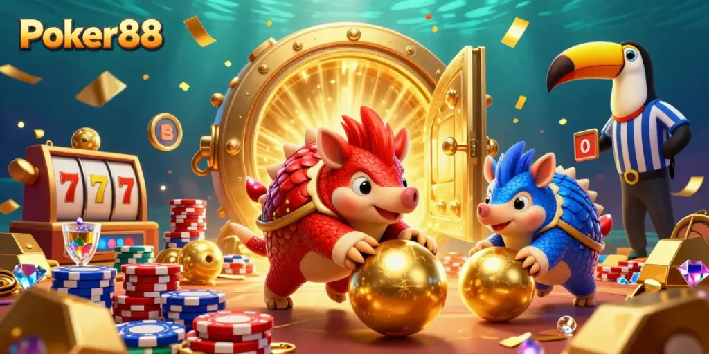 Engage in thrilling Poker88 gameplay as rival pangolins bowl through jackpot-stacked poker chips.