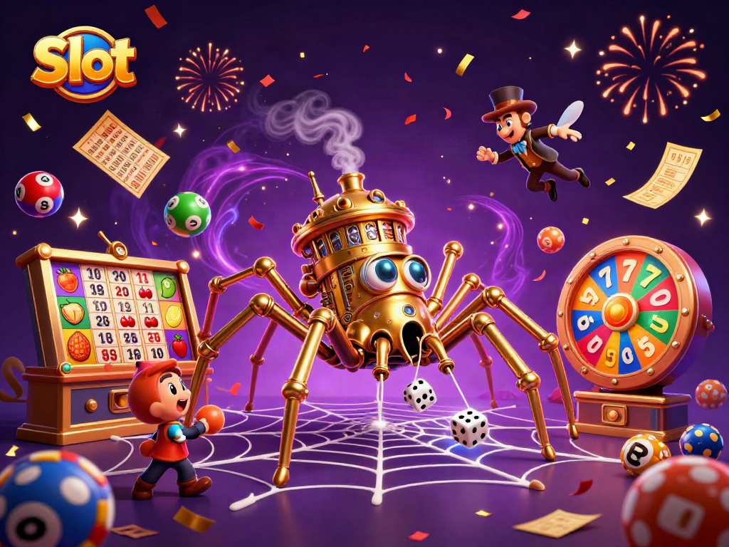 Spin the Slot reels in this vibrant scene of a steampunk web with golden chains and lively lottery elements.