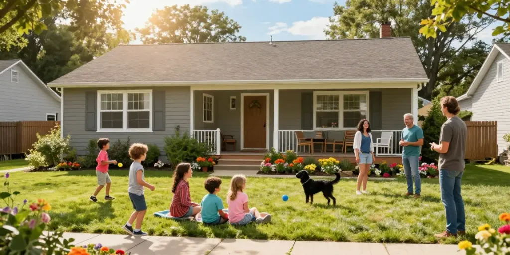 A family enjoying their time in front of a charming property for sale, showcasing community and warmth.