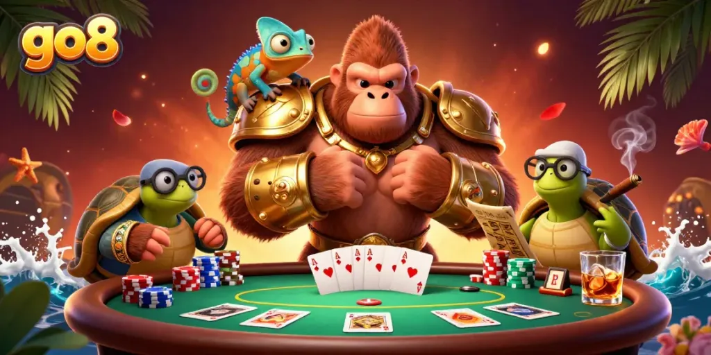 Join the excitement at go8 with a powerful gorilla king and dynamic poker scene in 3D extravaganza.