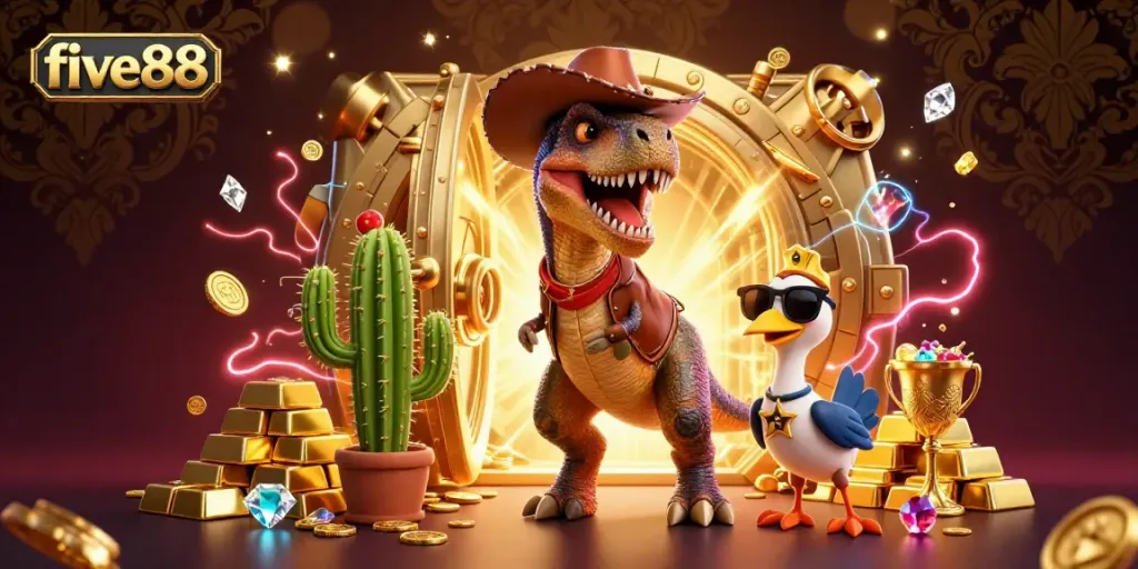 Experience the excitement of five88 with a vibrant casino-themed scene featuring a T-Rex, cactus, and roadrunner amid treasures and lights.