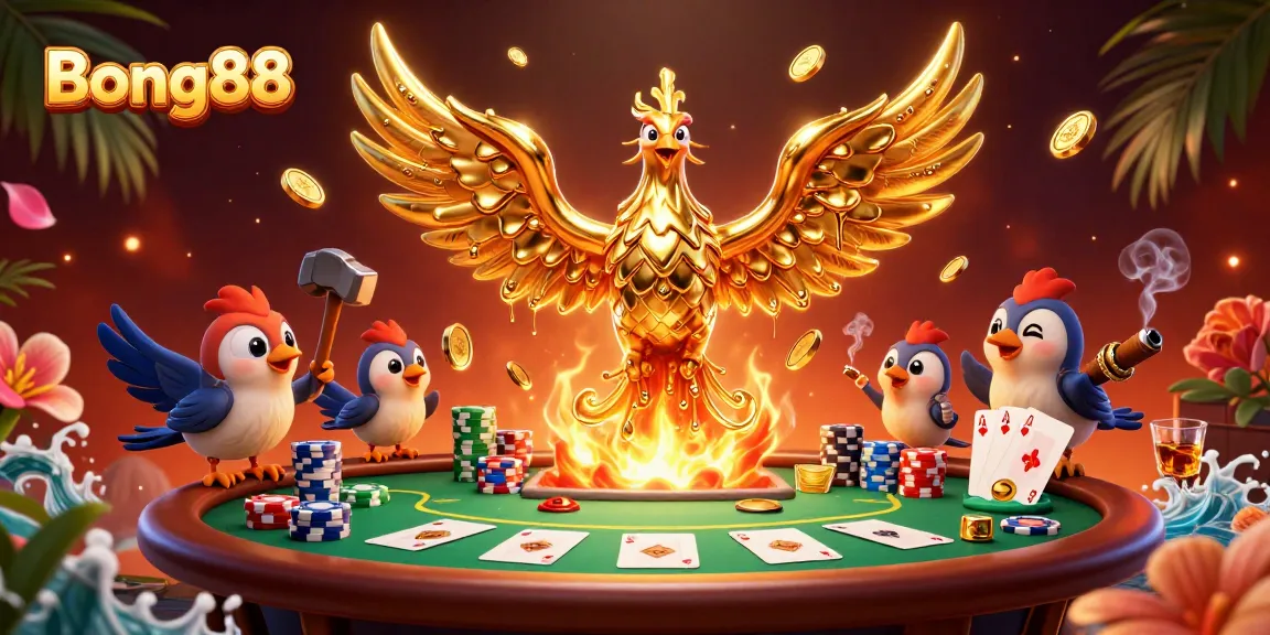Bong88's phoenix rises in gold amidst poker chips and cards, capturing the thrill of the game.