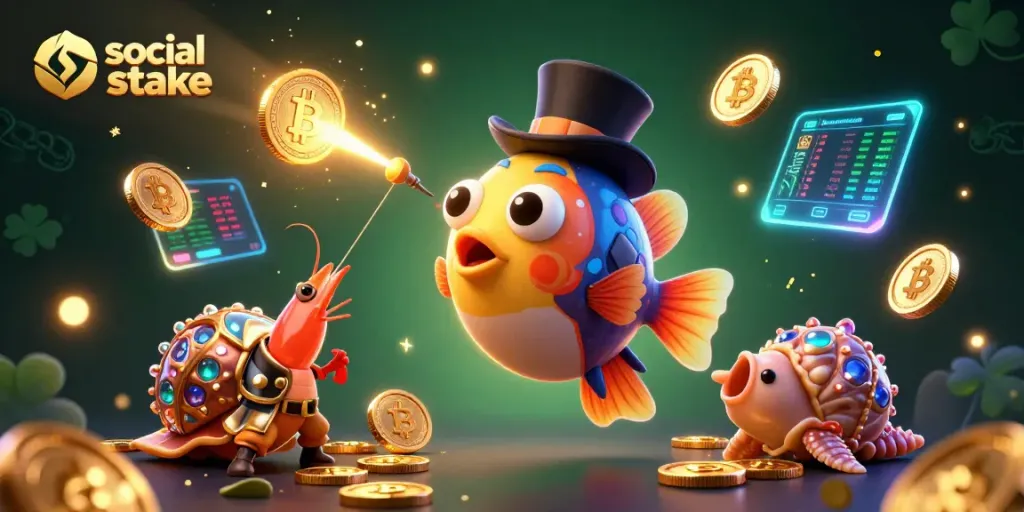 Engage in social casinos like stake with a dynamic illustration of a deep-sea anglerfish and treasure-filled sea creatures.