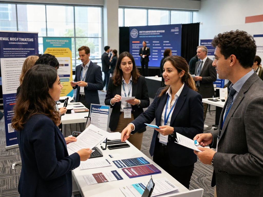 Job seekers networking and engaging at a job fair, หางาน opportunities visible.