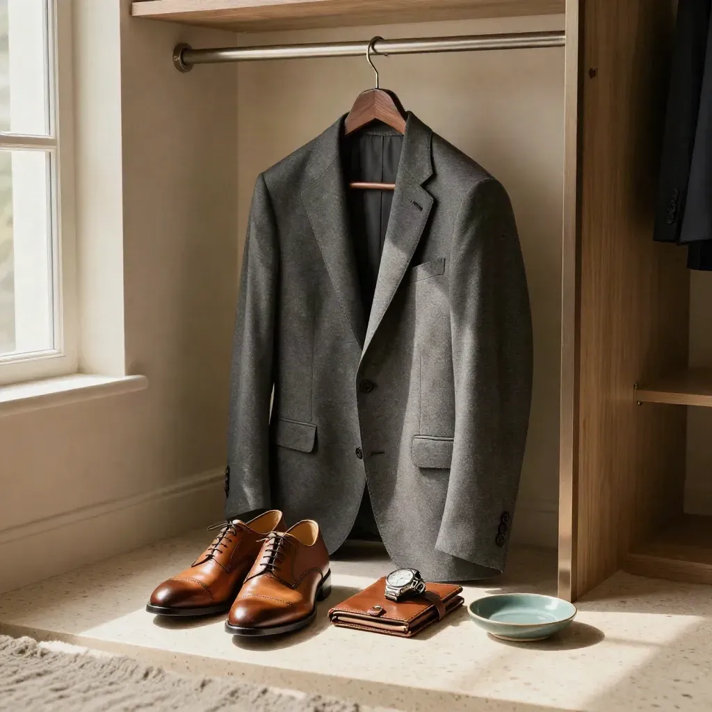 Pressed interview outfit rail with blazer, shoes, watch and portfolio in a travertine dressing corner
