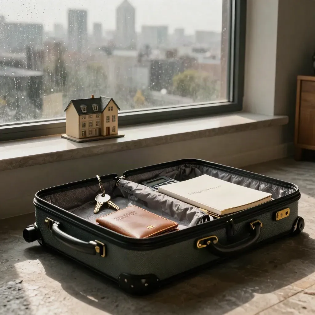 Sunlit relocation kit with suitcase, keys, passport wallet, calculator, and skyline.