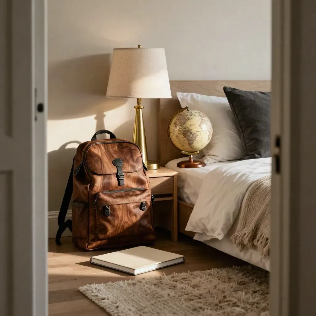 Dorm study nook with lamp, backpack, globe, and made bed in warm late-afternoon light.