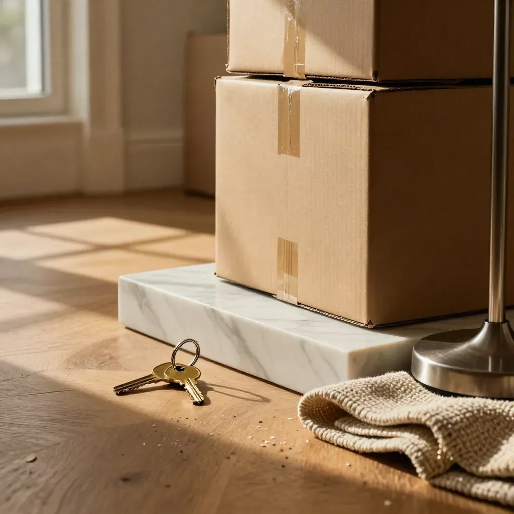 Warm macro of move-in keys, boxes, lamp base, and folded throw beside a marble console.