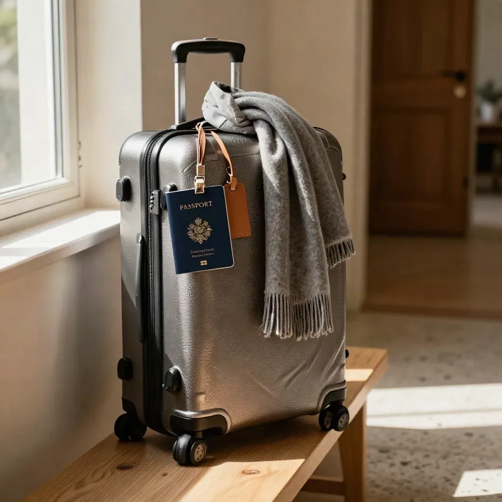 Packed carry-on by a sunlit entry bench with passport cover, scarf, and rain shell.