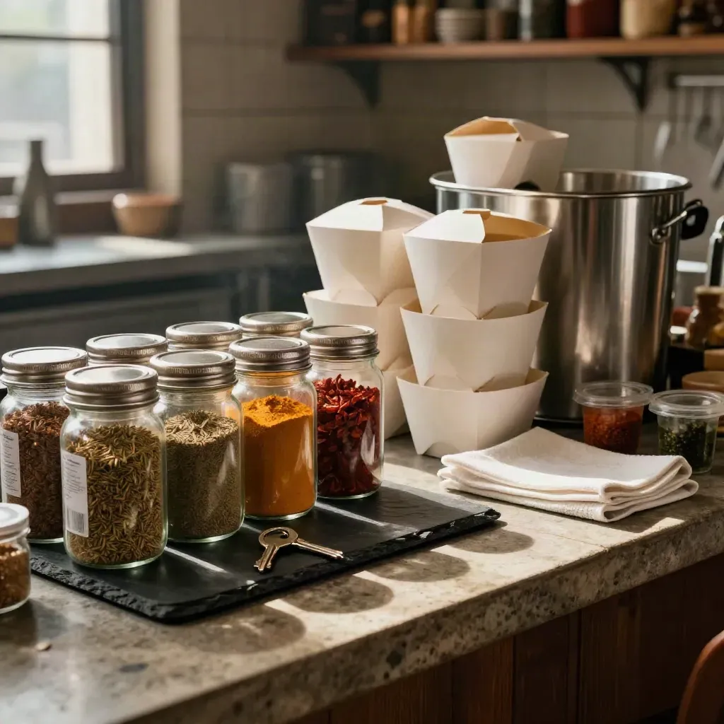 Prep counter with spice jars, takeaway boxes, stainless containers, and a shop key on slate.