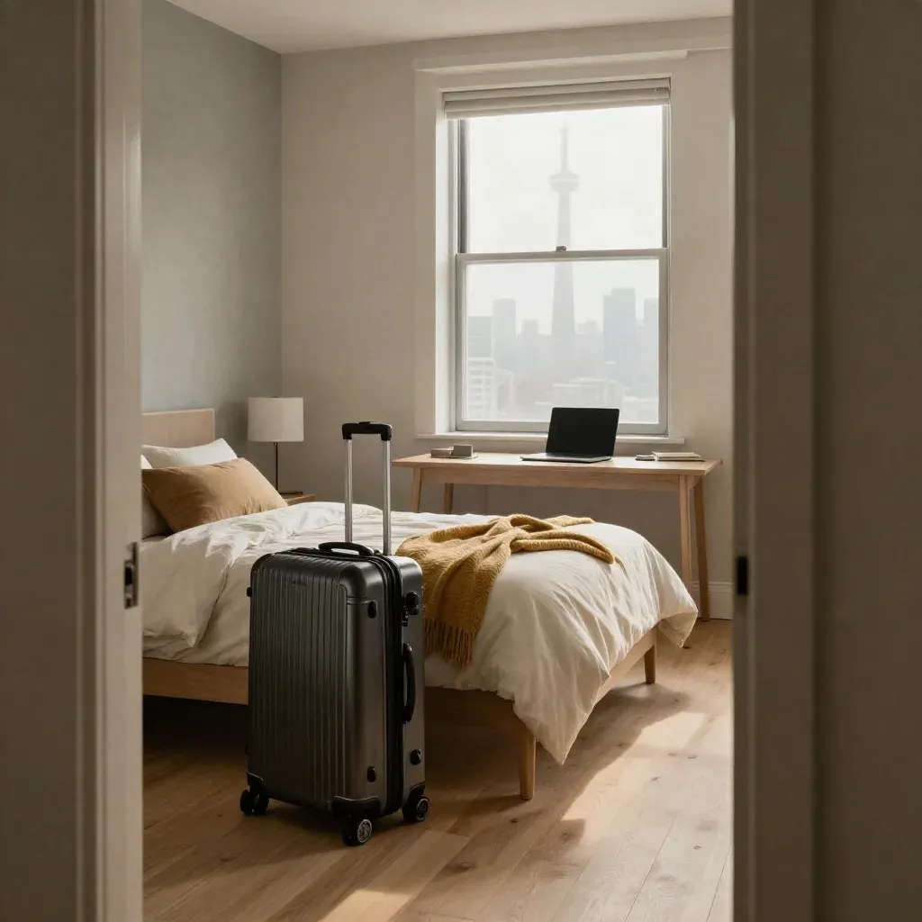 Ready student studio with made bed, suitcase, closed laptop and Toronto light at the window.