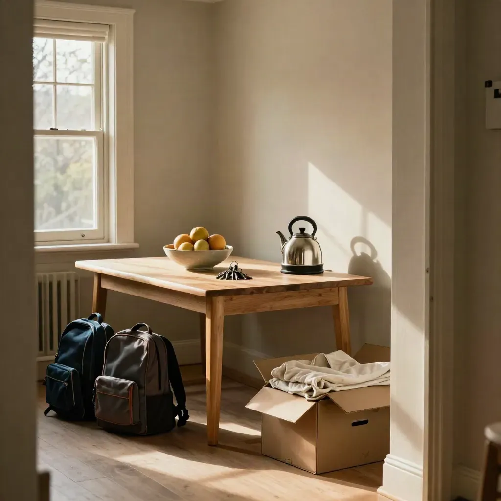 Settled dining nook with keys, school bags, fruit bowl, and folded moving boxes