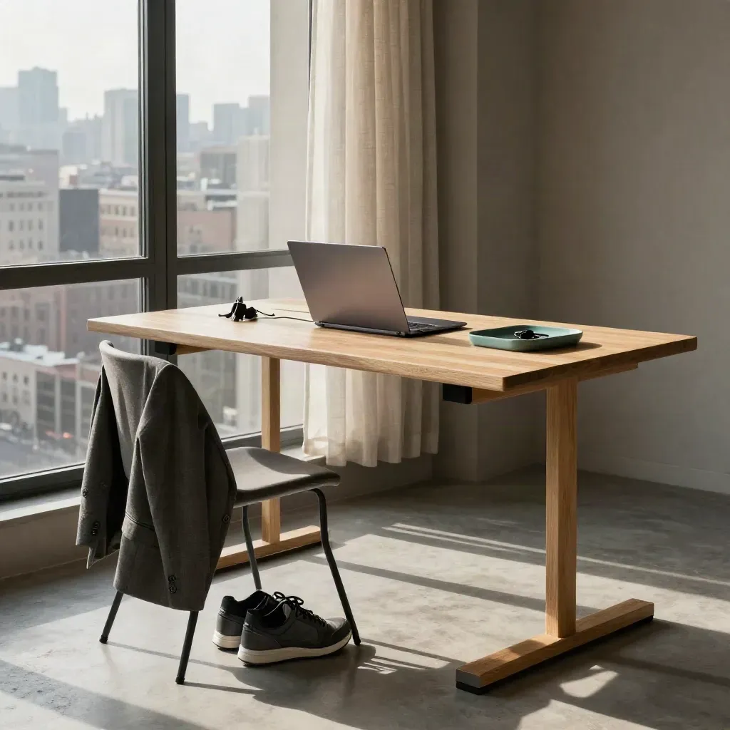 Bright city work corner with standing desk, closed laptop, blazer, sneakers, and keys by the window.