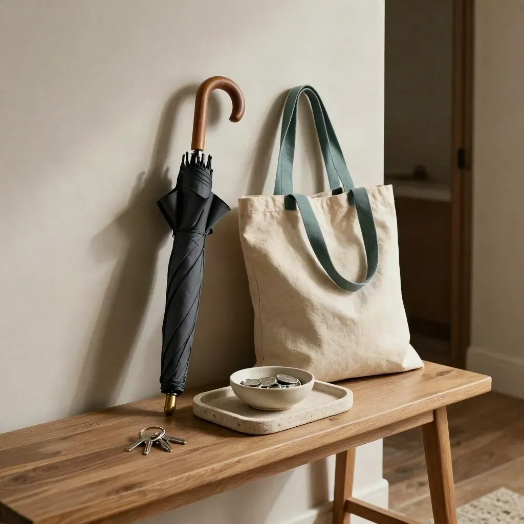 Entryway essentials station with keys, umbrella, tote, shoe tray and transit tokens on a warm console.