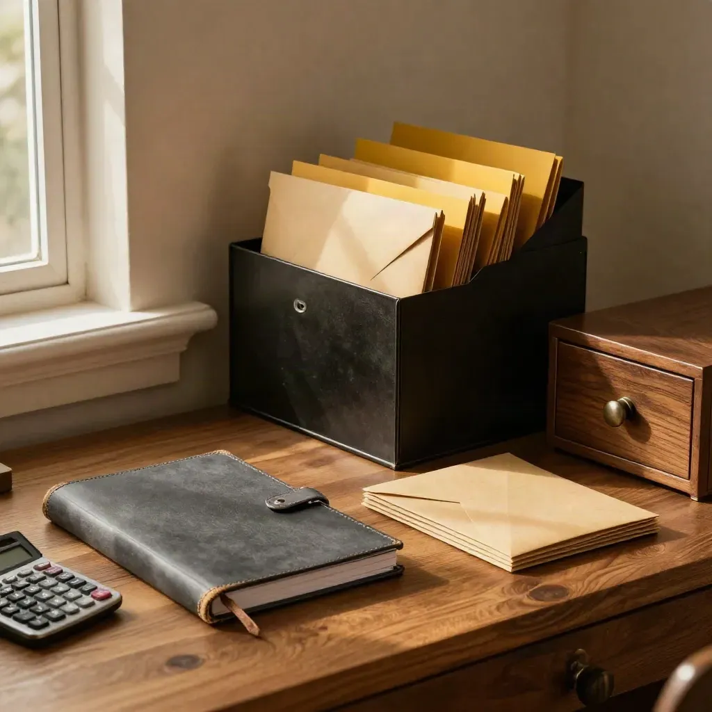 Home-office filing station with ledger, face-down calculator, envelopes, and locked drawer.