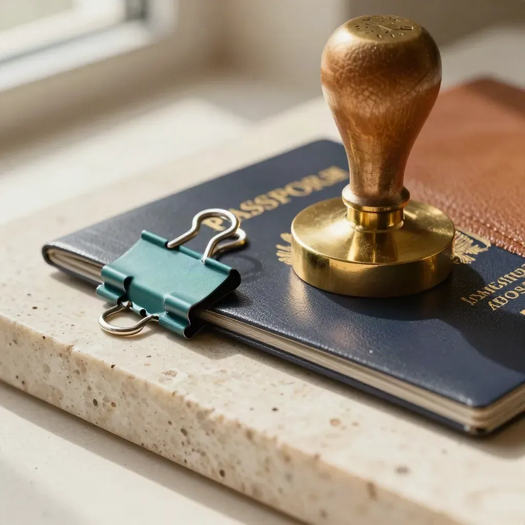 Macro of a brass passport stamp lifting from a passport cover beside a teal file clip on travertine.